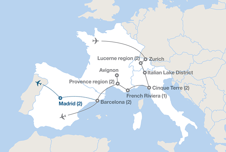 Image displaying map describing the itinerary of the The Alps and the Mediterranean Coast tour