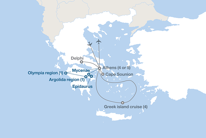 Image displaying map describing the itinerary of the Athens & the Islands tour
