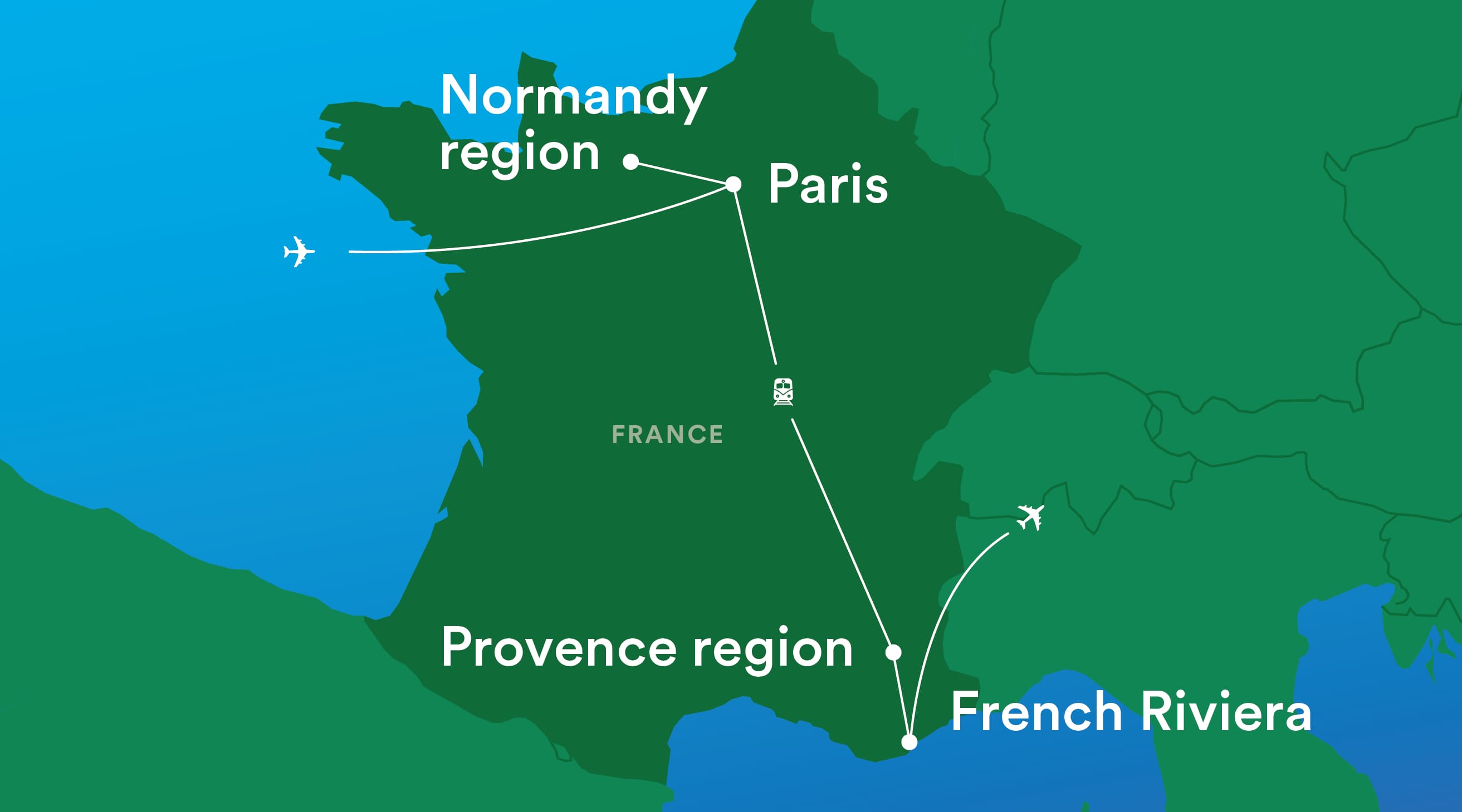 Image displaying map describing the itinerary of the French Promenade: Your Path tour