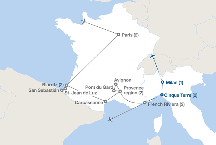 Image displaying map describing the itinerary of the French Promenade tour