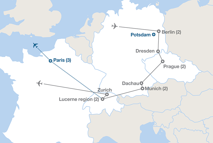 Image displaying map describing the itinerary of the Berlin, Prague and the Alps tour