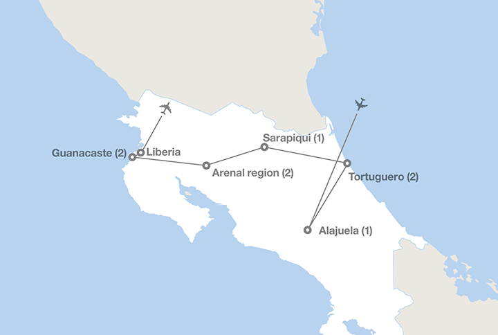 Image displaying map describing the itinerary of the Adventure in Costa Rica tour