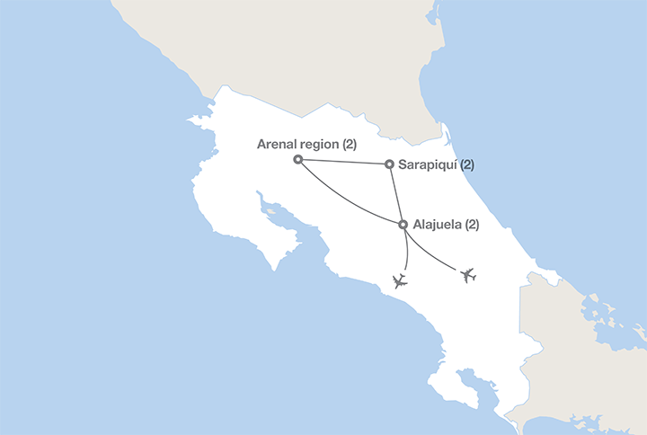 Image displaying map describing the itinerary of the Explore Costa Rica tour