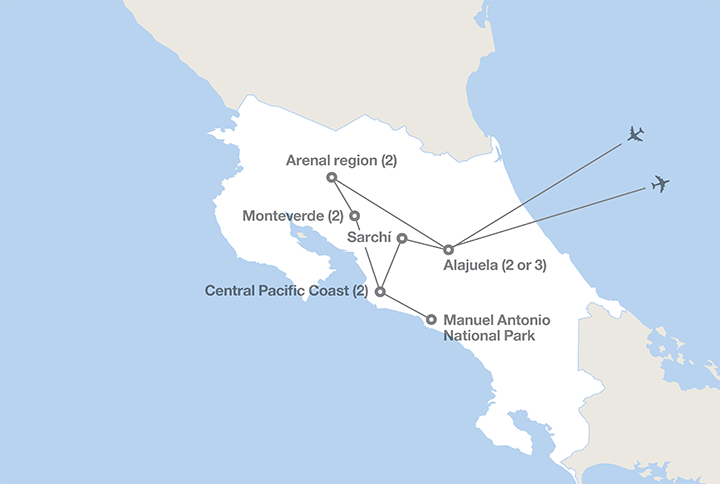 Image displaying map describing the itinerary of the Costa Rica: A Touch of the Tropics tour