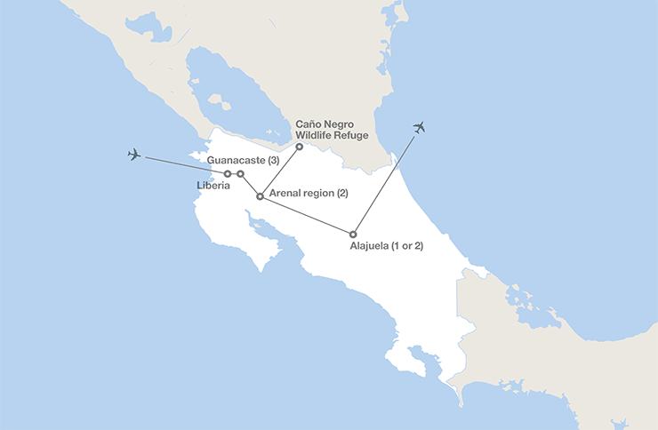 Image displaying map describing the itinerary of the Costa Rica's Natural Wonders tour
