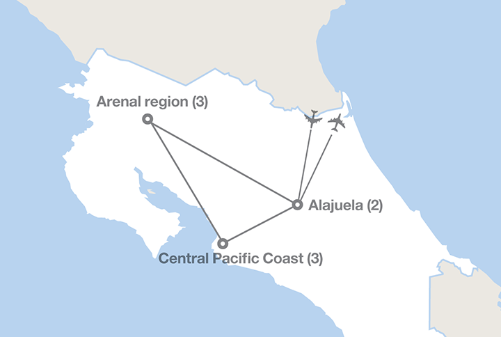 Image displaying map describing the itinerary of the Conservation in Costa Rica tour