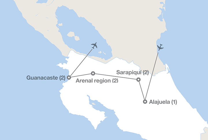 Image displaying map describing the itinerary of the Discover Costa Rica tour