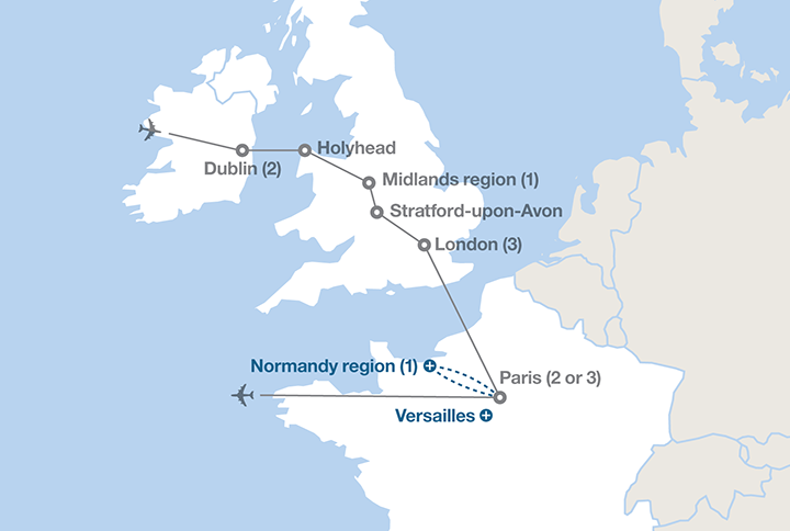 Image displaying map describing the itinerary of the Dublin, London and Paris tour