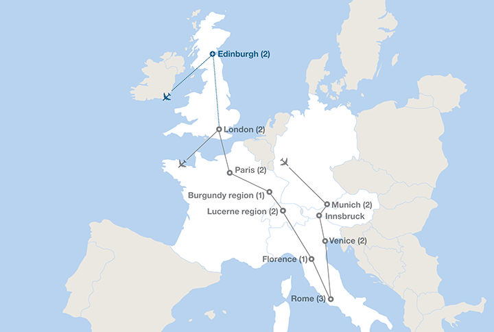 Image displaying map describing the itinerary of the Essence of Europe tour