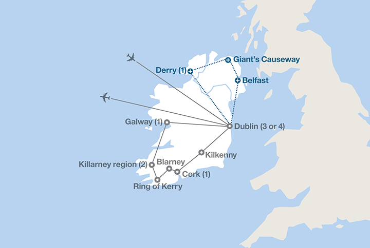 Image displaying map describing the itinerary of the The Emerald Isle tour