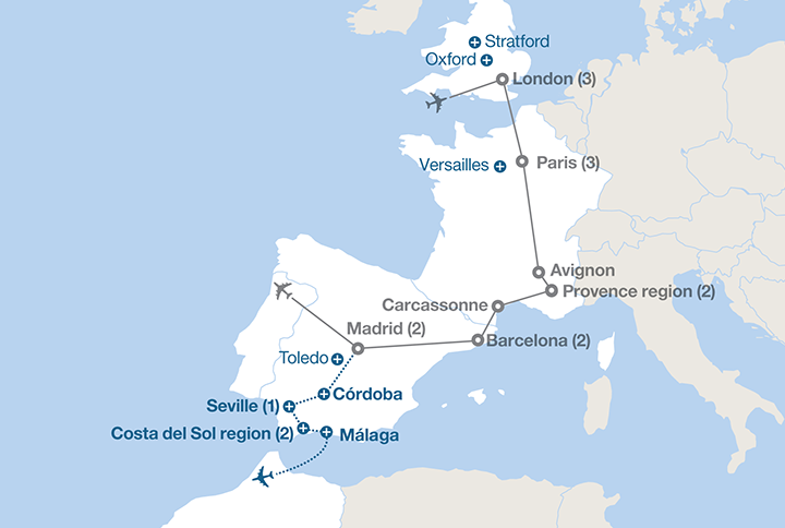 Image displaying map describing the itinerary of the European Horizons tour