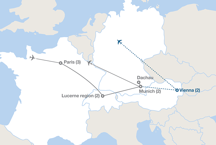 Image displaying map describing the itinerary of the France, Germany and the Alps tour