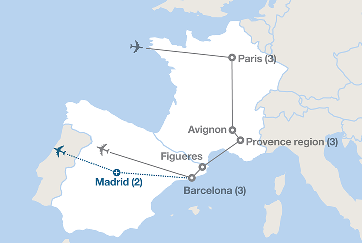 Image displaying map describing the itinerary of the Artists of France and Spain tour