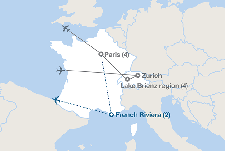 Image displaying map describing the itinerary of the Experience France and Switzerland tour
