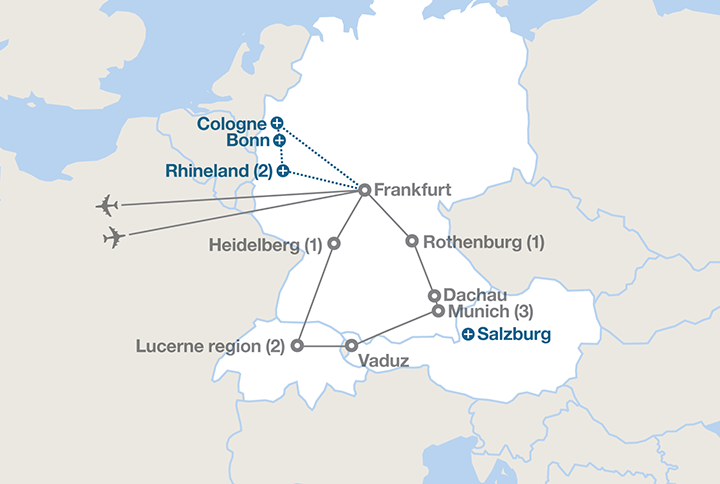 Image displaying map describing the itinerary of the Germany and the Alps tour