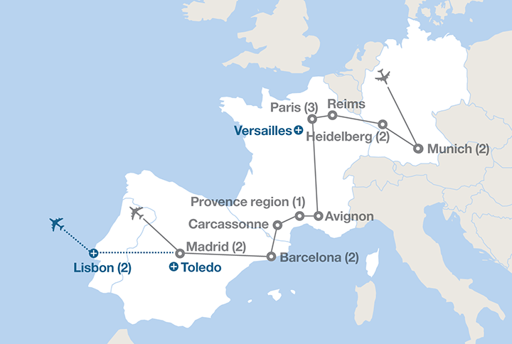 Image displaying map describing the itinerary of the Germany, France and Spain tour