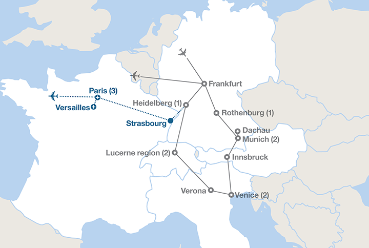 Image displaying map describing the itinerary of the Germany, Italy and Switzerland tour