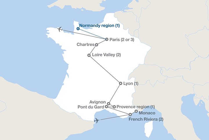 Image displaying map describing the itinerary of the Paris, the Loire and the Riviera tour