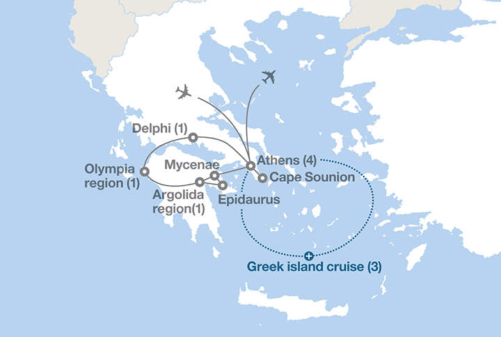 Image displaying map describing the itinerary of the Grecian Odyssey tour