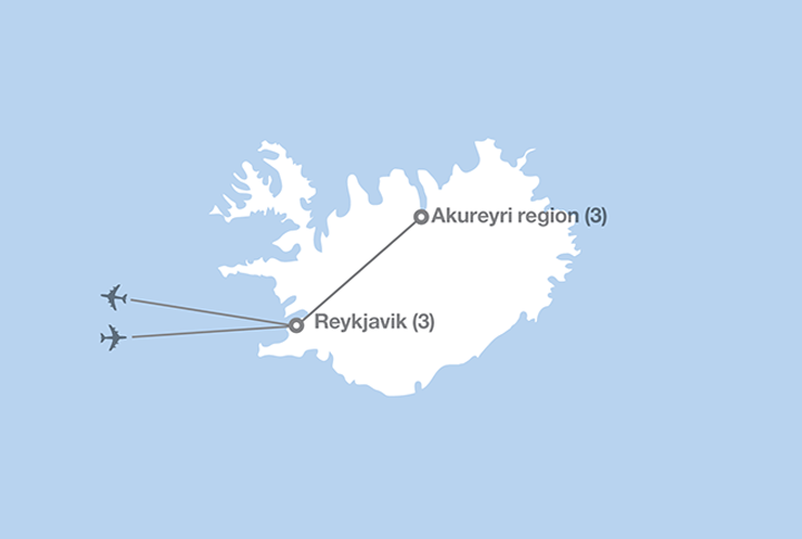 Image displaying map describing the itinerary of the Explore Iceland: North and South tour