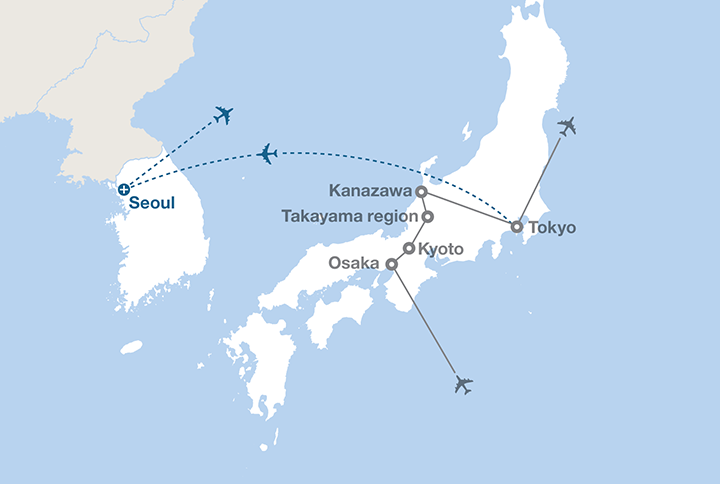 Image displaying map describing the itinerary of the Experience Japan tour