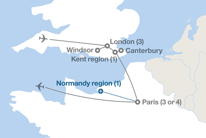 Image displaying map describing the itinerary of the London and Paris tour
