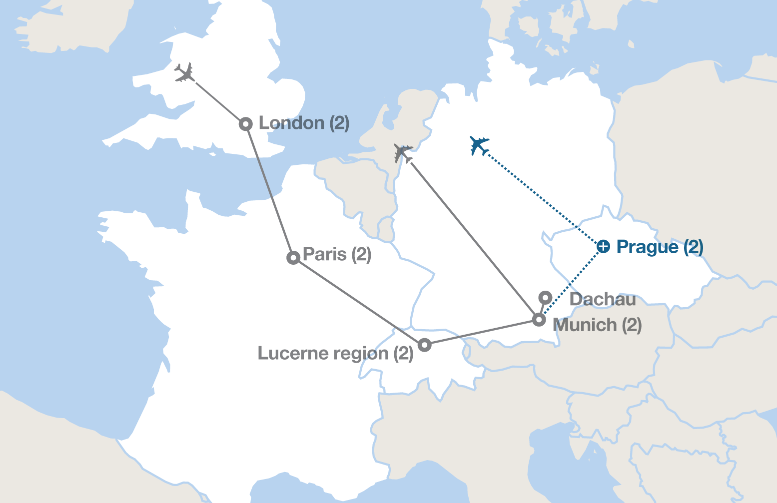 Image displaying map describing the itinerary of the London, Paris and the Alps tour