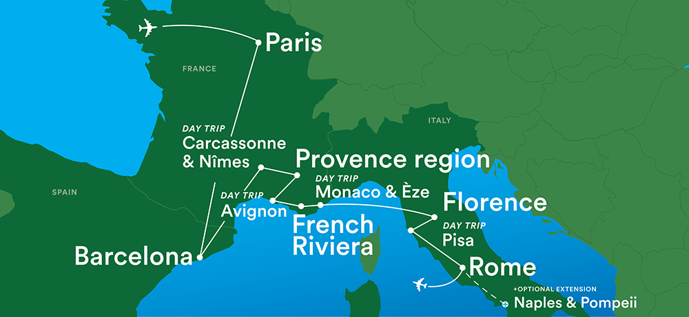 Image displaying map describing the itinerary of the Paris and Mediterranean Europe tour