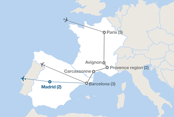 Image displaying map describing the itinerary of the Paris, Provence & Barcelona tour