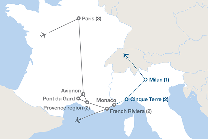 Image displaying map describing the itinerary of the Paris and the Riviera tour