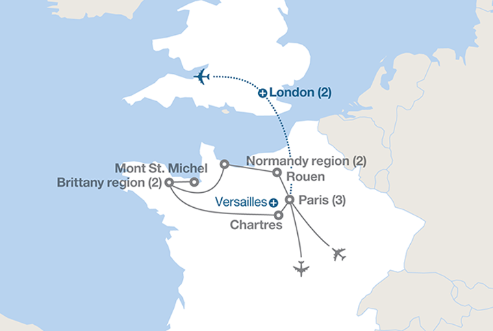 Image displaying map describing the itinerary of the Paris, Normandy and Brittany tour