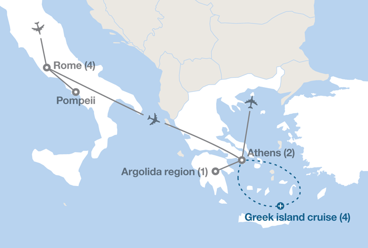 Image displaying map describing the itinerary of the From Rome to Athens tour