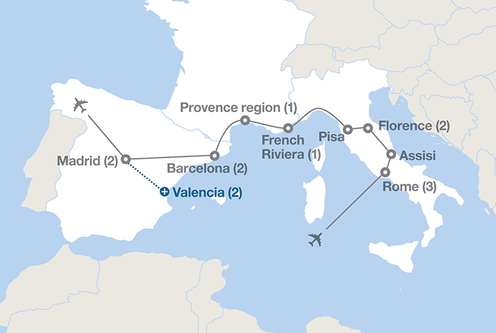 Image displaying map describing the itinerary of the Italy, France and Spain tour