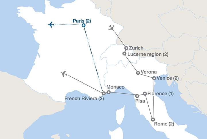 Image displaying map describing the itinerary of the Switzerland, Italy and France tour