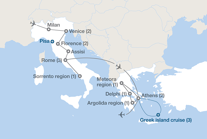Image displaying map describing the itinerary of the Splendors of the Mediterranean tour