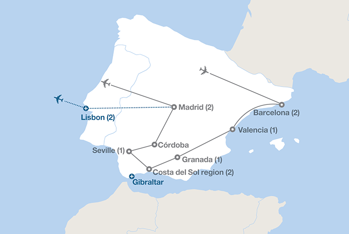 Image displaying map describing the itinerary of the Spanish Fiesta tour