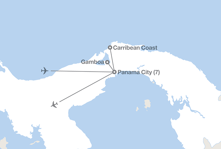 Image displaying map describing the itinerary of the Waterways and Wetlands in Panama tour