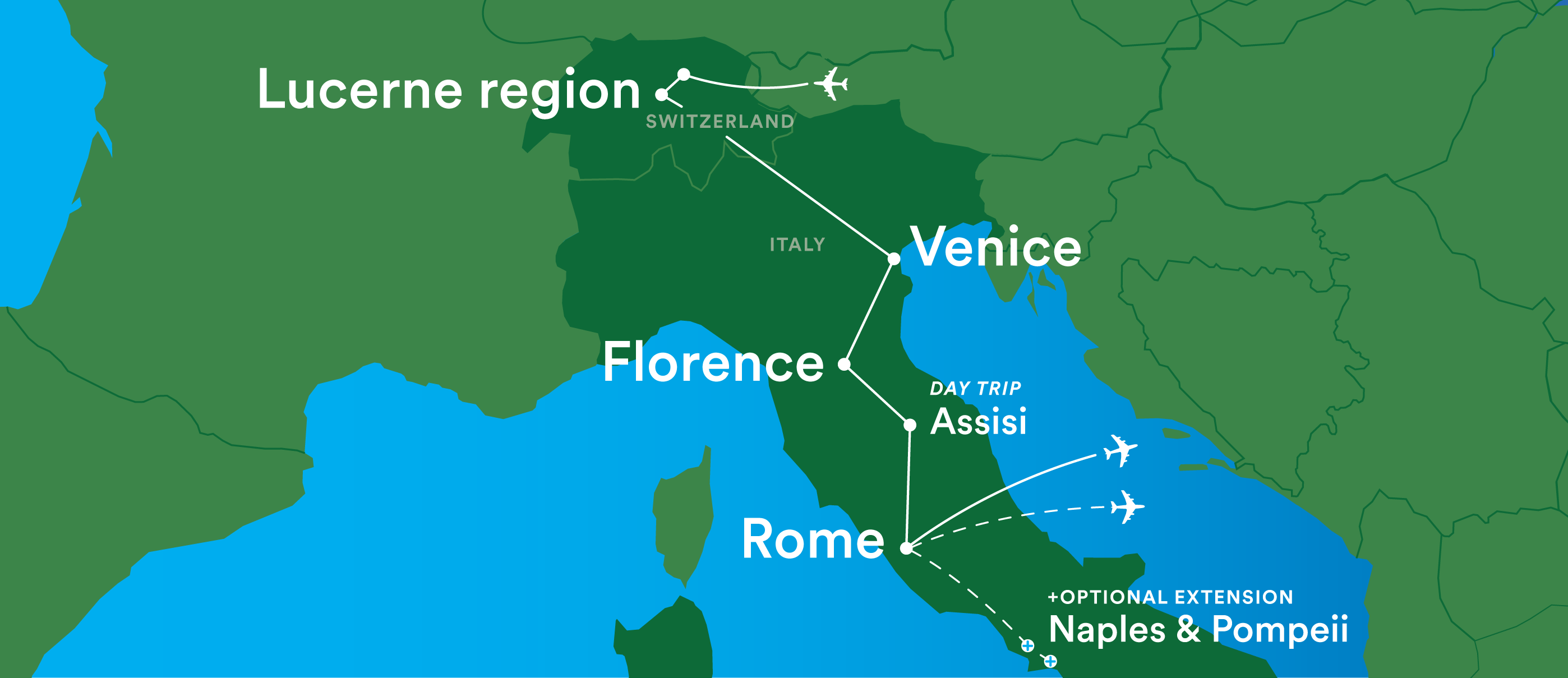 Image displaying map describing the itinerary of the Switzerland and Italy tour
