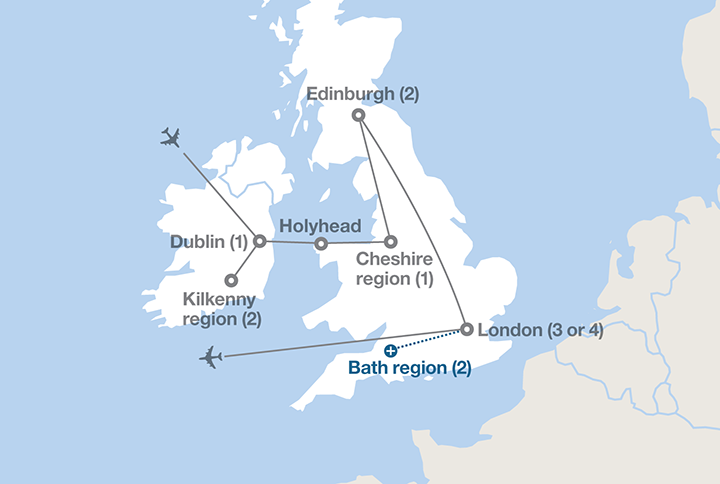 Image displaying map describing the itinerary of the Ireland, Scotland and England tour