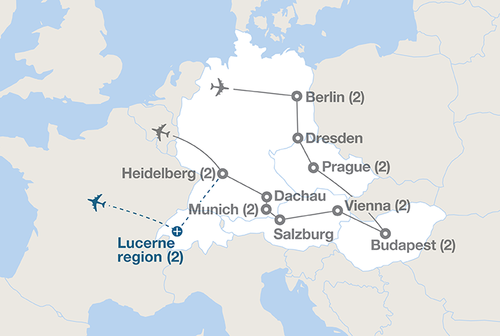 Image displaying map describing the itinerary of the Treasures of Central Europe tour
