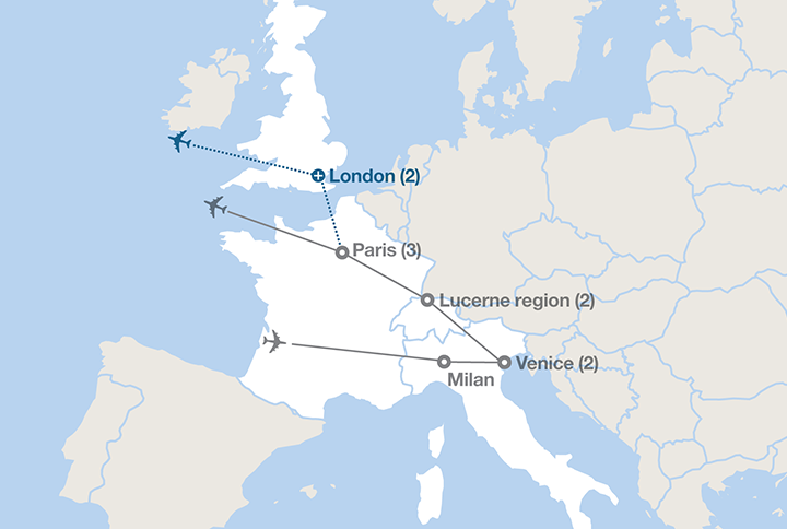 Image displaying map describing the itinerary of the Venice, The Alps & Paris tour