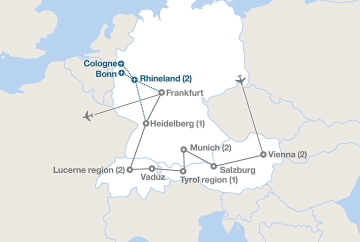 Image displaying map describing the itinerary of the Austria, Germany and Switzerland tour