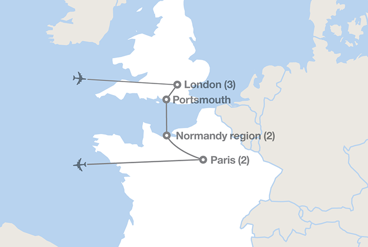 Image displaying map describing the itinerary of the WWII in England and France tour