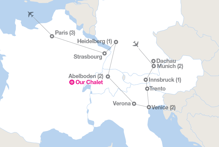 Image displaying map describing the itinerary of the Girl Scouts: Germany, Italy, Switzerland & France tour