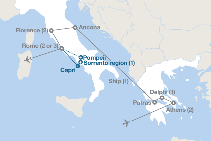Image displaying map describing the itinerary of the Athens, Florence & Rome tour