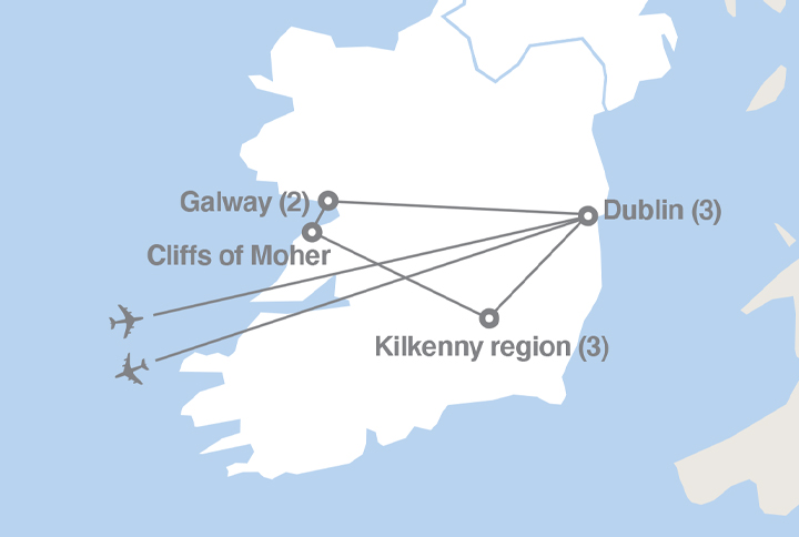 Image displaying map describing the itinerary of the Agriculture in Ireland tour