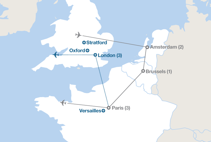 Image displaying map describing the itinerary of the Amsterdam and Paris tour