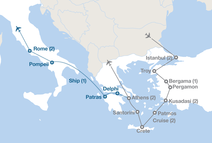Image displaying map describing the itinerary of the From Istanbul to Athens tour
