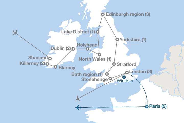 Image displaying map describing the itinerary of the Britain and Ireland in Depth tour