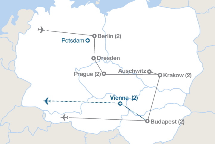 Image displaying map describing the itinerary of the Berlin, Prague, Krakow, and Budapest tour